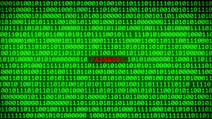 PASSWORD Word Revealing on Wall of Green Binary Code Between Random Binary Data Matrix Background