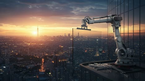 a robotic arm cleaning glass panels high above a city skyline at dusk, perfectly positioned to ensure pristine views while showcasing advanced automation technology