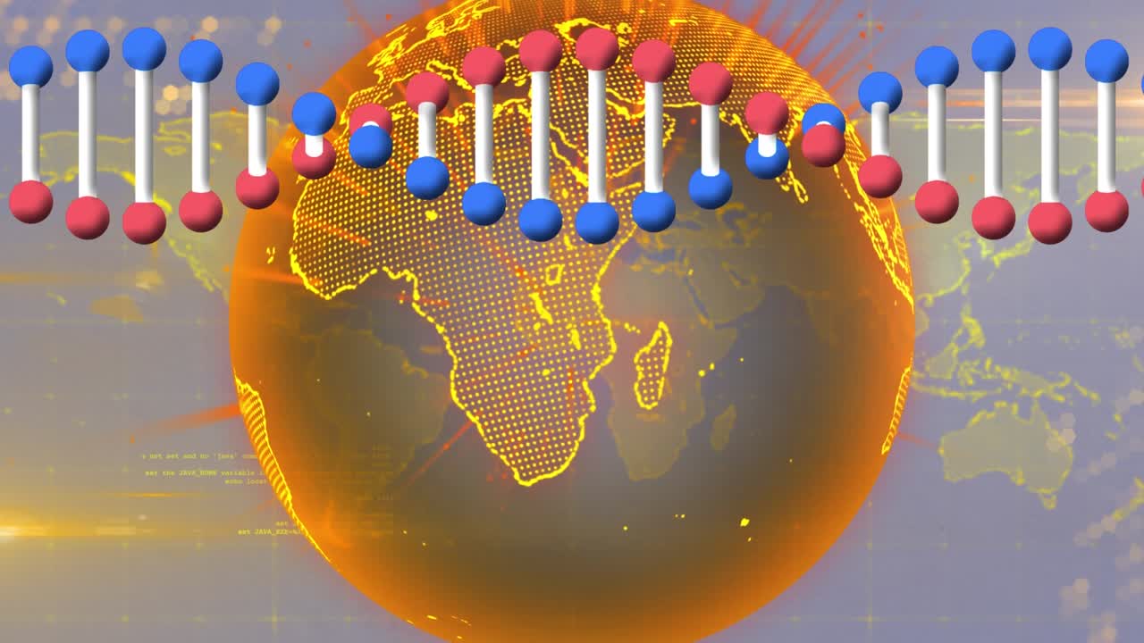 Animazione di DNA su globo e mappamondo che si trasforma in sfondo viola