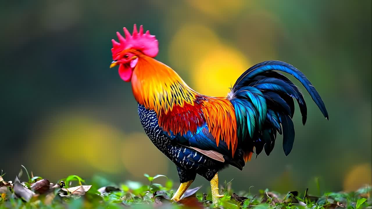 Gallo colorato sull'erba verde. Un gallo con piume vivaci sta sull'erba di un giardino alla luce del mattino, mostrando i suoi colori e le sue caratteristiche.