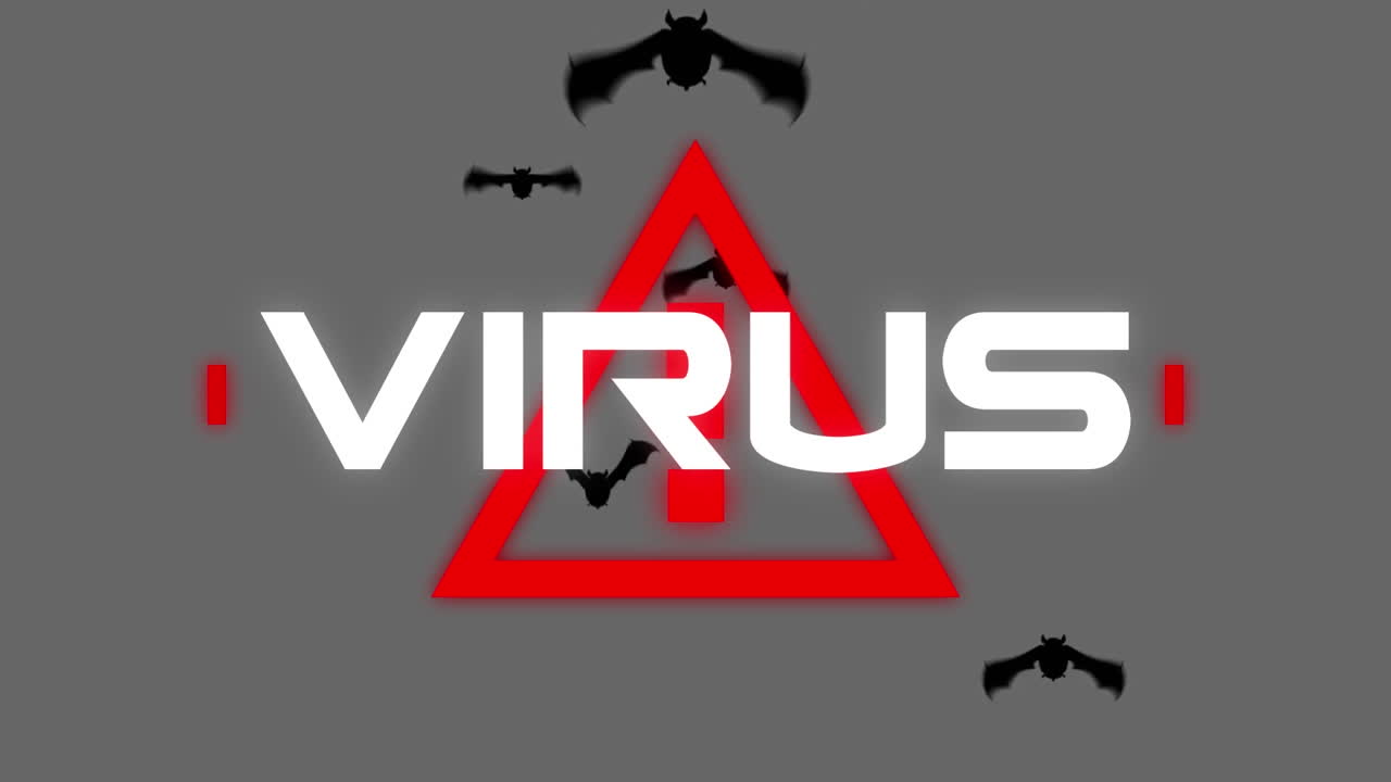 Animation of covid 19 warning text virus, over bats, on grey