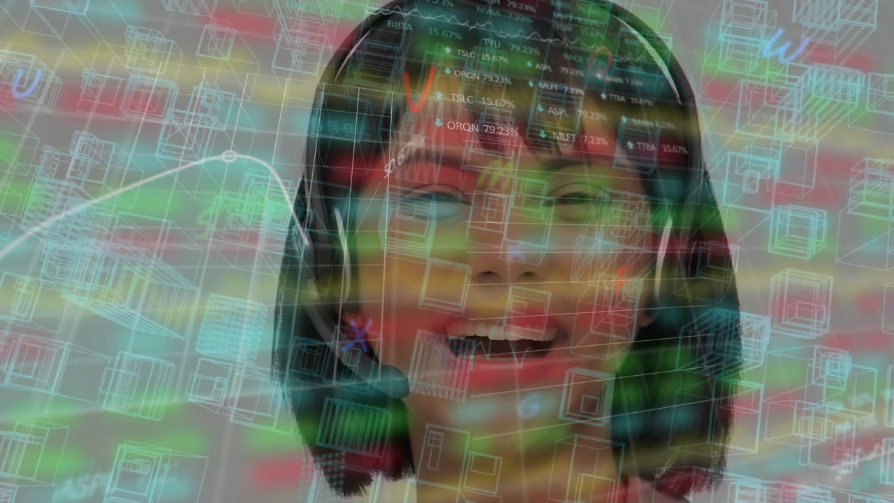 animación de procesamiento de datos financieros sobre mujer de negocios biracial usando auriculares de teléfono en la oficina