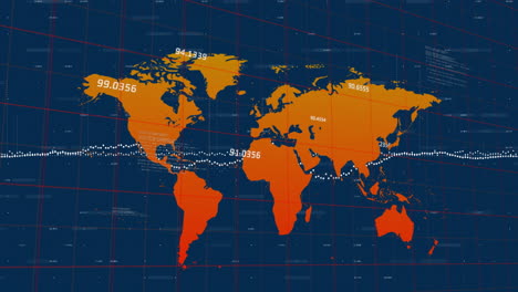 animation of numbers and graphs over grid pattern and map against computer language