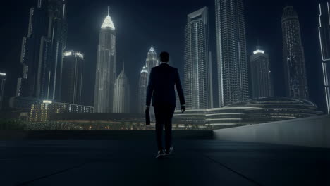 Businessman walking towards a futuristic city skyline at night