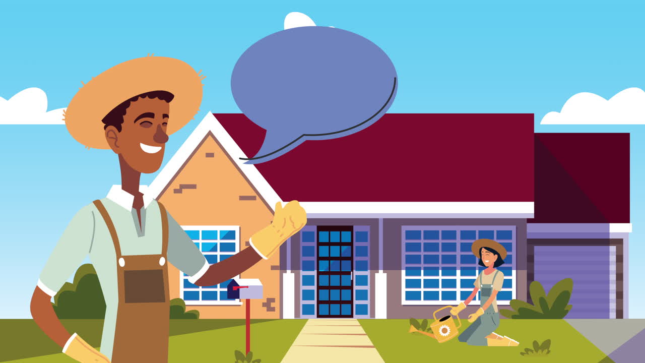 una pareja de jardineros frente a una casa.