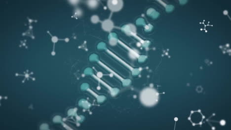 Animation-of-molecules-and-dna-strand-over-green-background