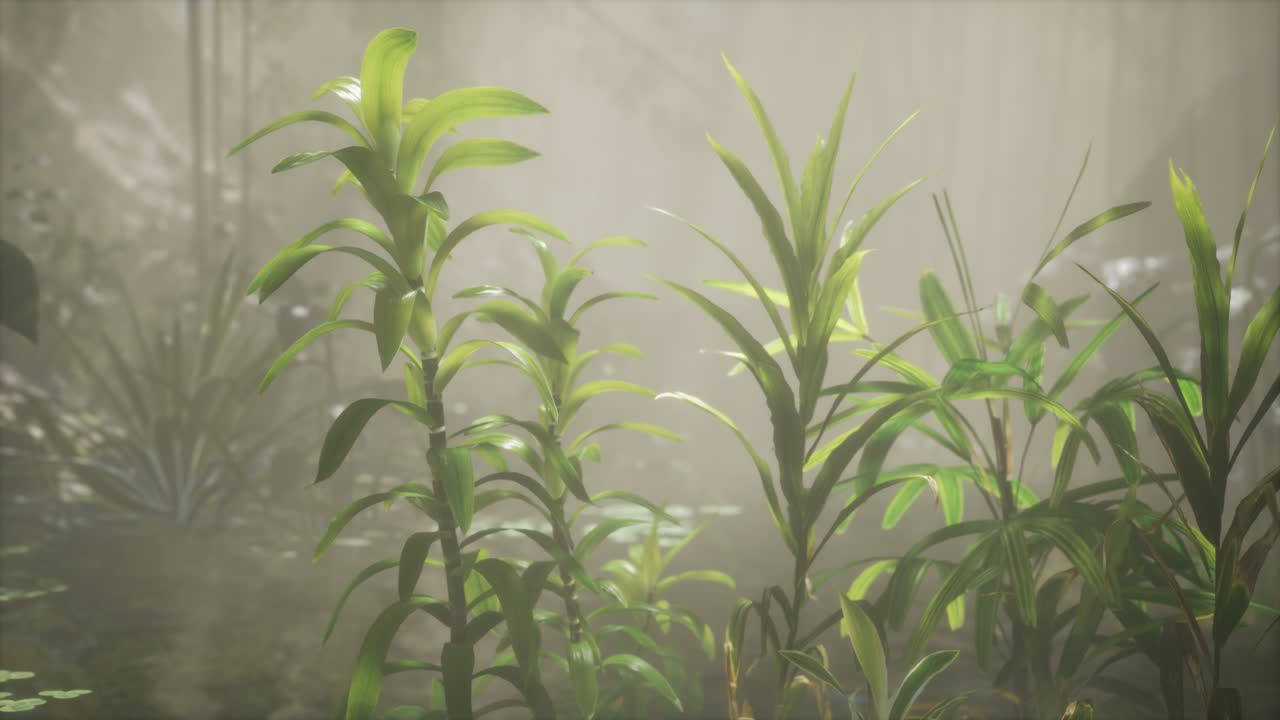 el sol brillando a través de los árboles y la niebla en un río tropical