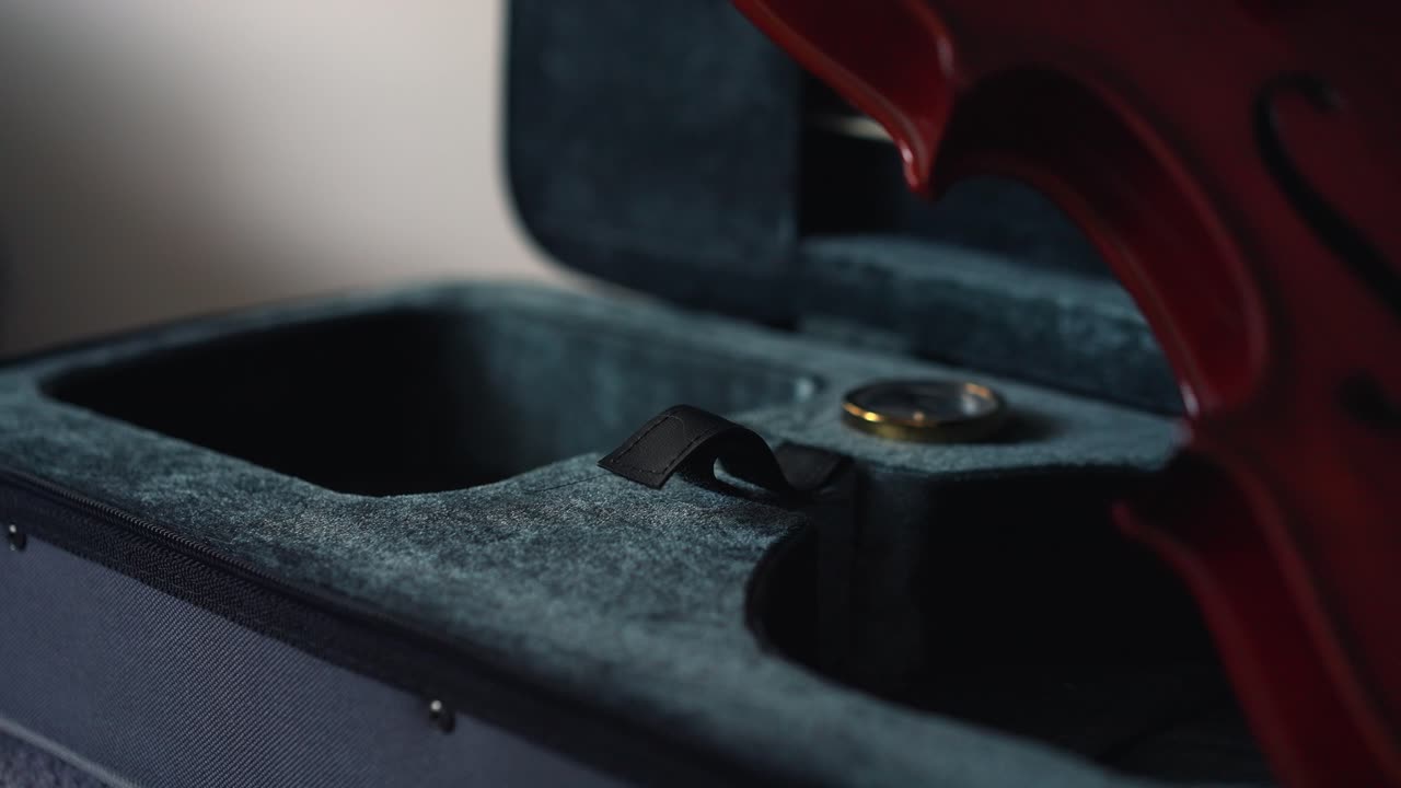 violín de madera con un barniz brillante, que se levanta de la caja por una mano