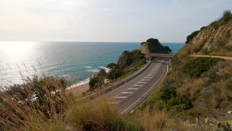 Straße-Mit-Meerblick,-Mittelmeerstrand,-Calella-Barcelona-Maresme-Spanien