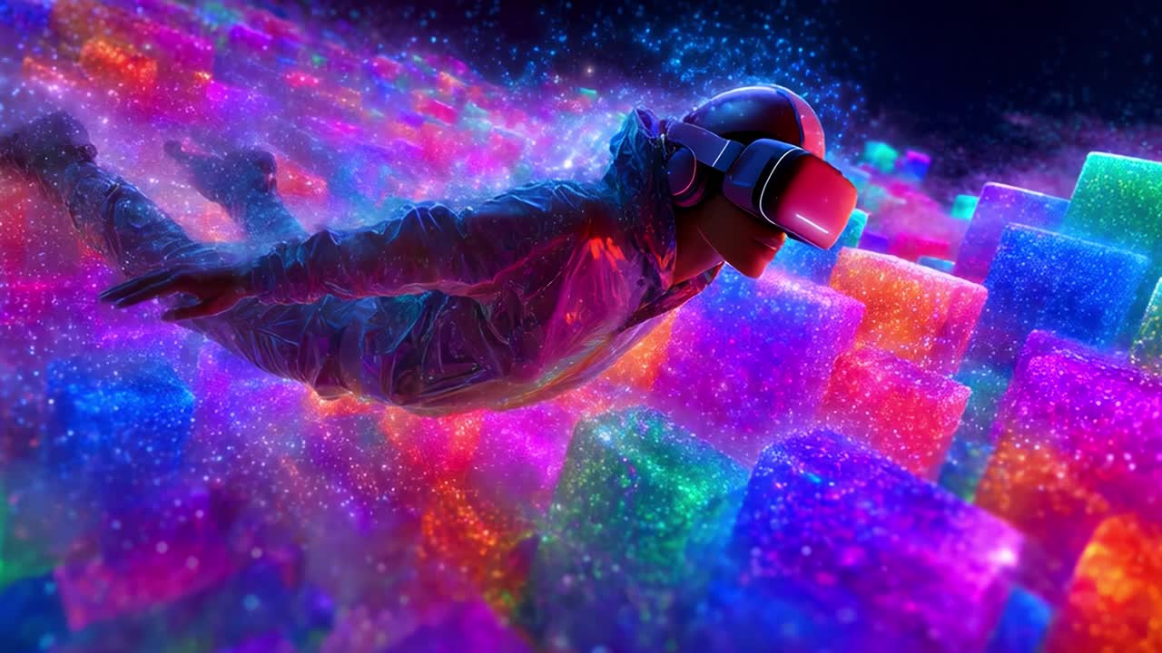 Un paesaggio digitale futuristico con una persona che sperimenta la realtà virtuale, circondata da blocchi di luce vivaci e colorati, che incarna l'essenza dell'esplorazione e le illimitate possibilità della tecnologia