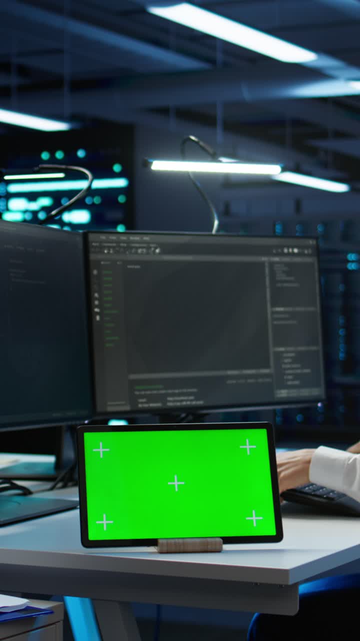 Tablet con schermo verde sulla scrivania in un ufficio high-tech con persona che digita