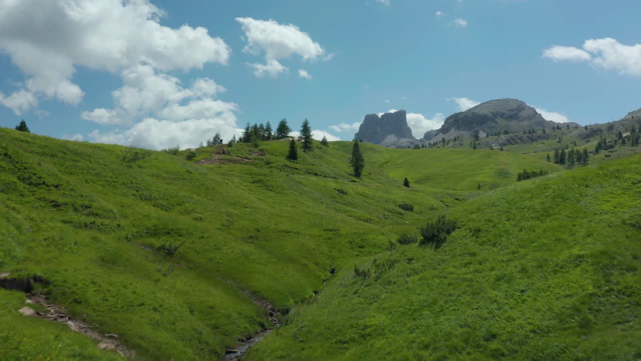 Valle verde lussureggiante con piccolo ruscello di montagna, Dolomiti Italia, vista aerea
