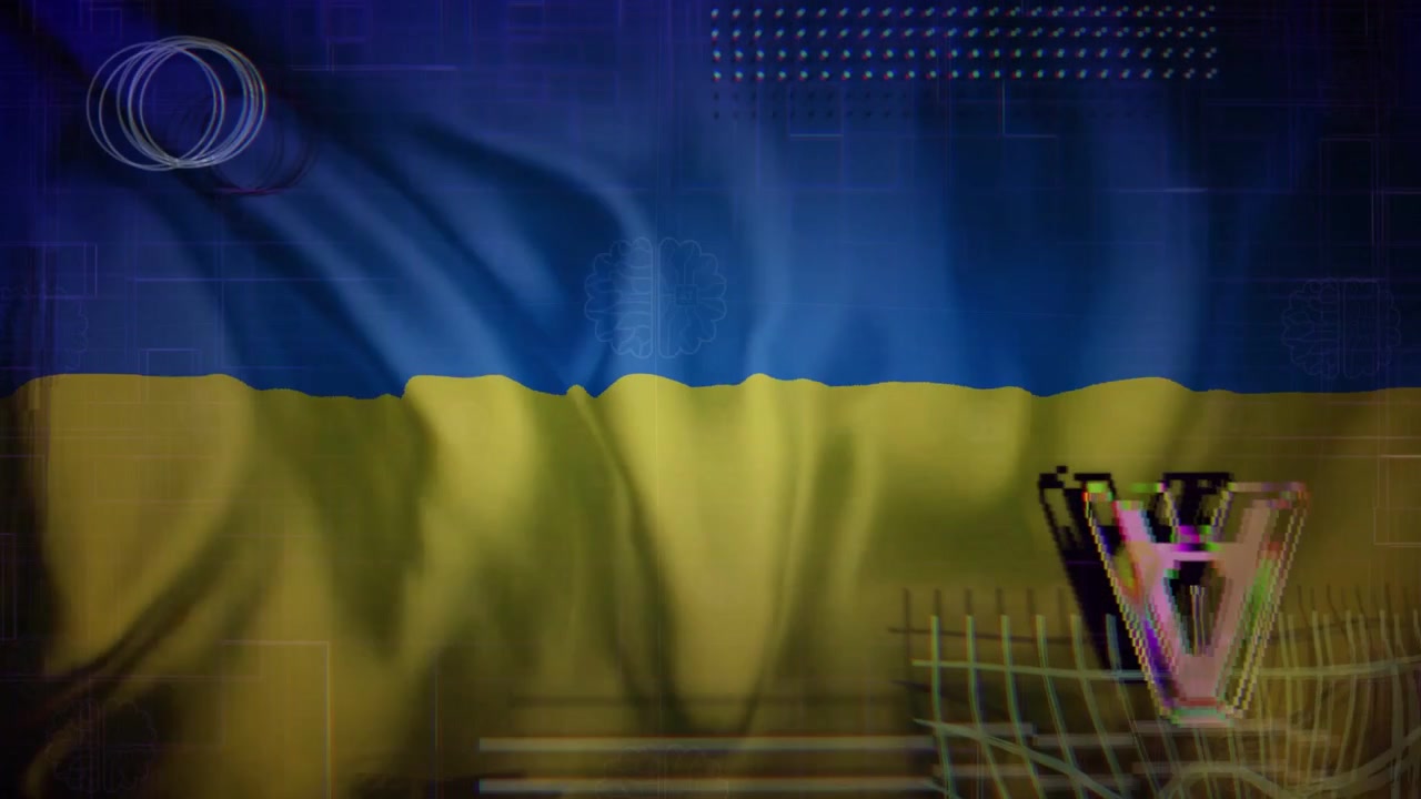 Anelli di tessuto blu-giallo ondeggianti, con una lettera pulsante e tremolante con effetto glitch, come sfondo per una trasmissione.
