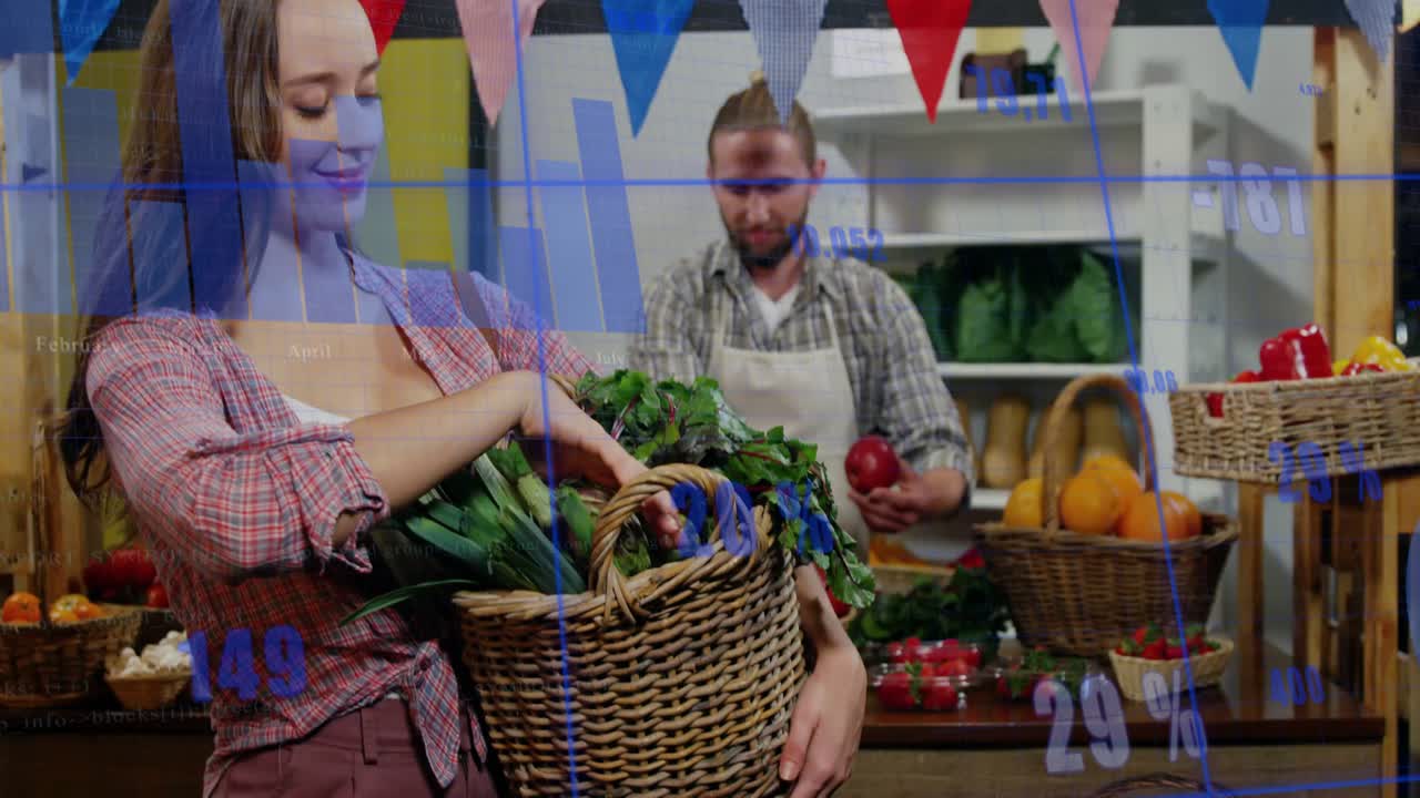Smilende kvinne holder en kurv med grønnsaker med animasjonsoverlegg av finansielle data