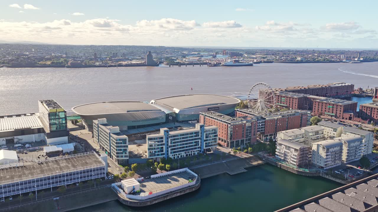 Aerial drone footage of the Liverpool waterfront area featuring the M and S Bank Arena, Liverpool Ferris Wheel, and surrounding attractions