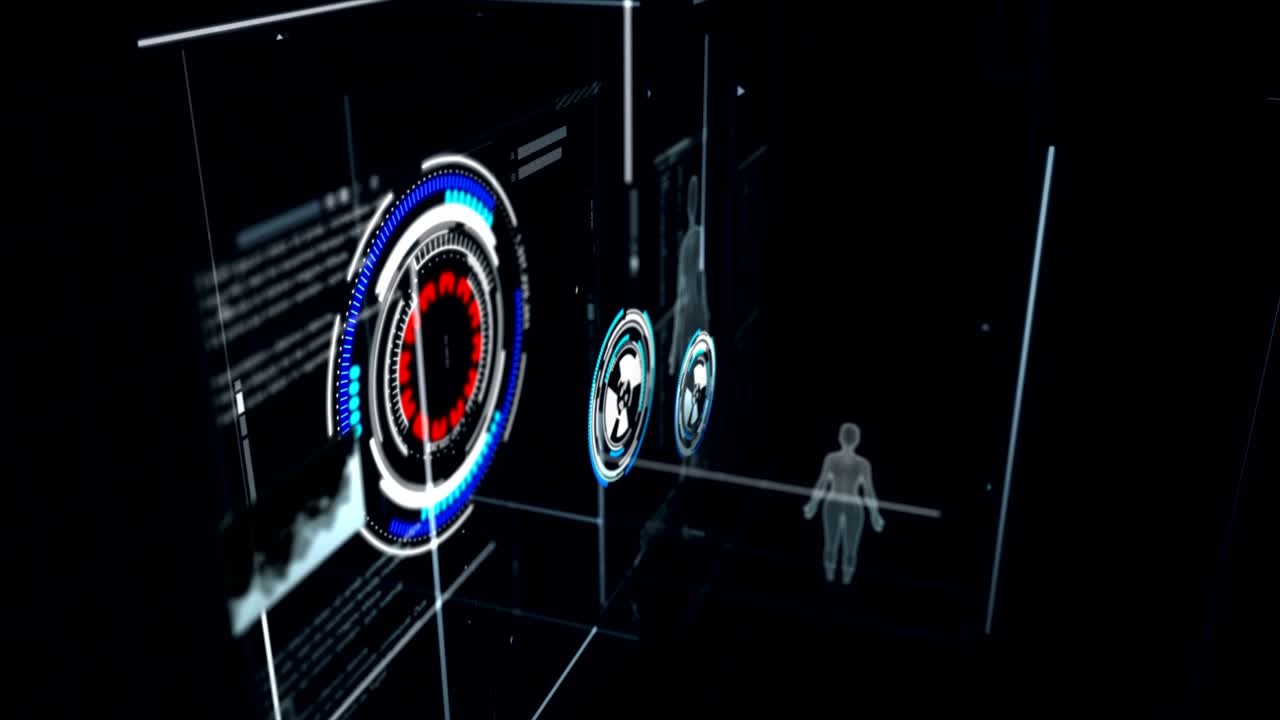 4K 3D Animation of user interface HUD moving on dark background for cyber futuristic concept with grain processed