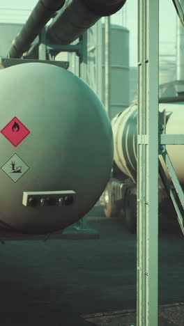 industrial tank truck with hazardous materials warning labels