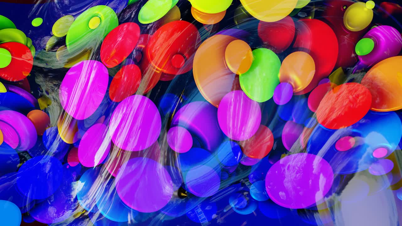 추상적인 반이는 빛나는 표면의 은 배경은 무지개 색의 원과 함께 파란 액체와 같은 파란색 액체가 기름에 있는 페인트의 물방울처럼 떠 있습니다.