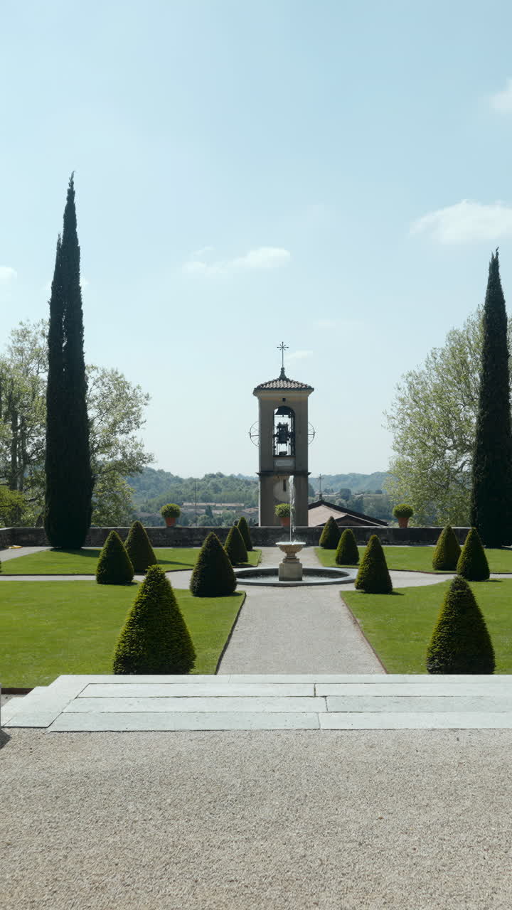 Formal Garden with Bell Tower and Fountain