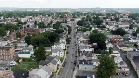 small town america, usa, aerial establishing shot of homes, businesses, housing apartment, rural feed mill, two story colonial historic homes, church, summer daytime scene