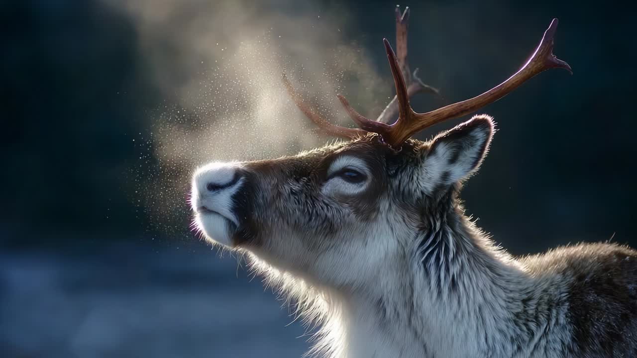 Majestic Reindeer Breathing in the Cold Air: Captivating Close-Up Captures the Grace and Beauty of the Iconic Arctic Creature, Showcasing Its Distinctive Antlers, Soft Fur, and Gentle Expression Amidst a Winter Wonderland