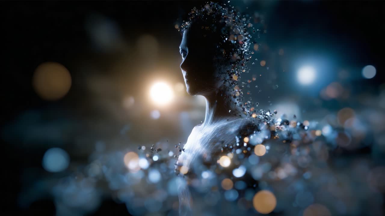 A stunning visual representation of a fragmented human silhouette emerging from a cosmic backdrop, invoking themes of identity, consciousness, and digital existence