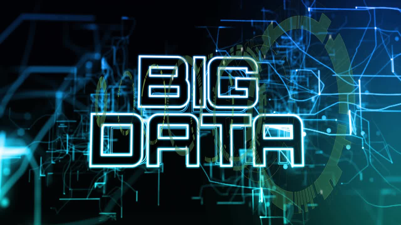 Rings rotating and circuit lines moving, forming neon BIG DATA title showing network on pulsing HUD
