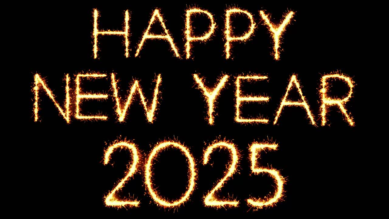 Happy new year 2025 text sparkler writing with glitter sparks particles firework on black 4k loop