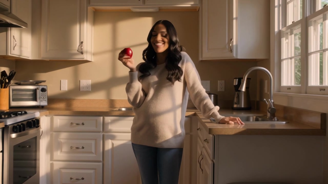 Donna incinta con maglione color crema in cucina, che tiene una mela rossa, mentre la telecamera si stringe, sentendo il bambino.