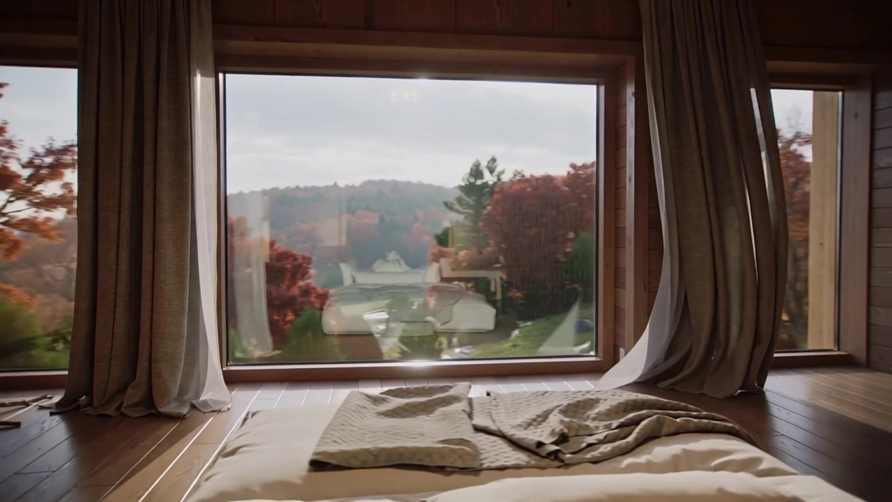Panning camera revealing low bed and picture window in cabin, light breeze lifting sheer curtain