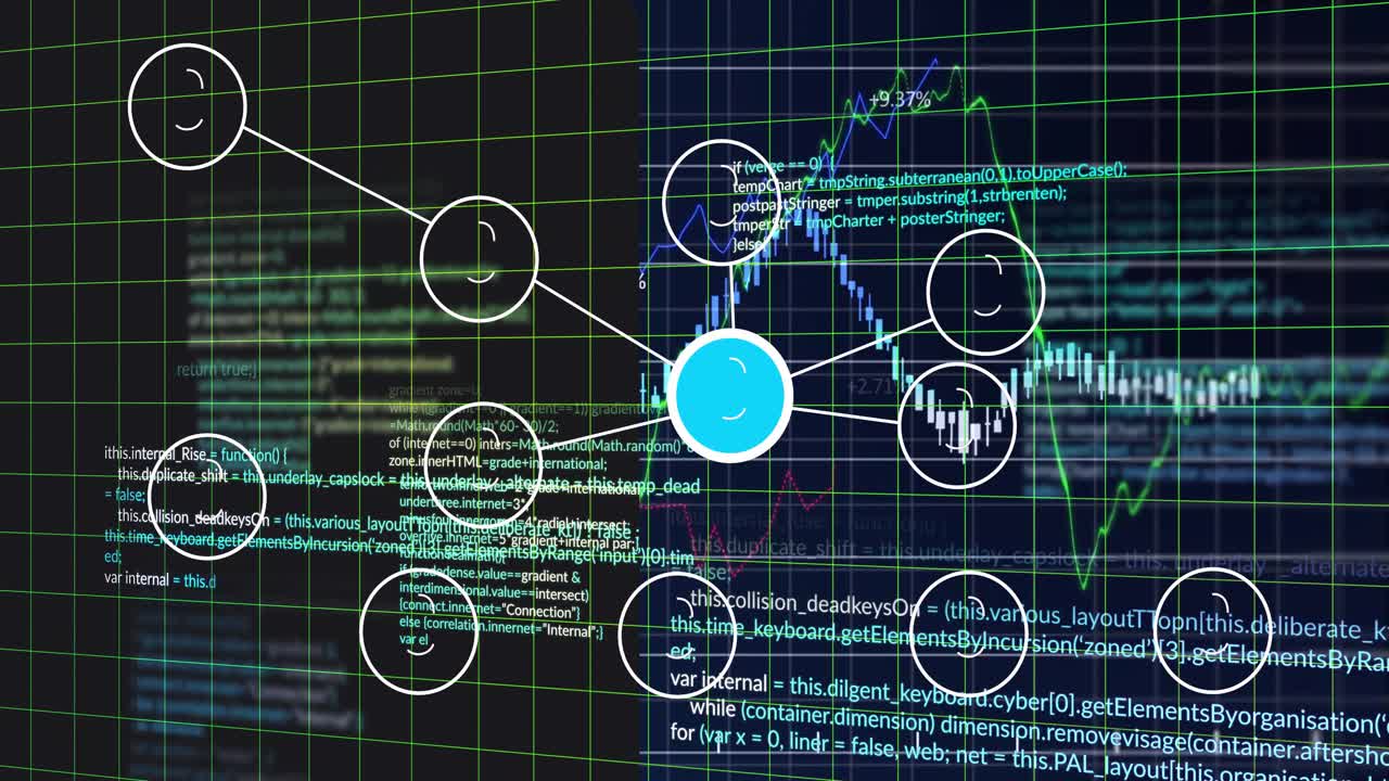Blue node appearing triggers circles forming grid with code scrolling behind chart for data insight