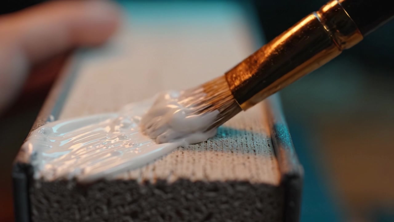 Un primo piano di un pennello che applica pittura bianca su una superficie texturizzata, cogliendo le sfumature di dettaglio e tecnica nella creazione artistica