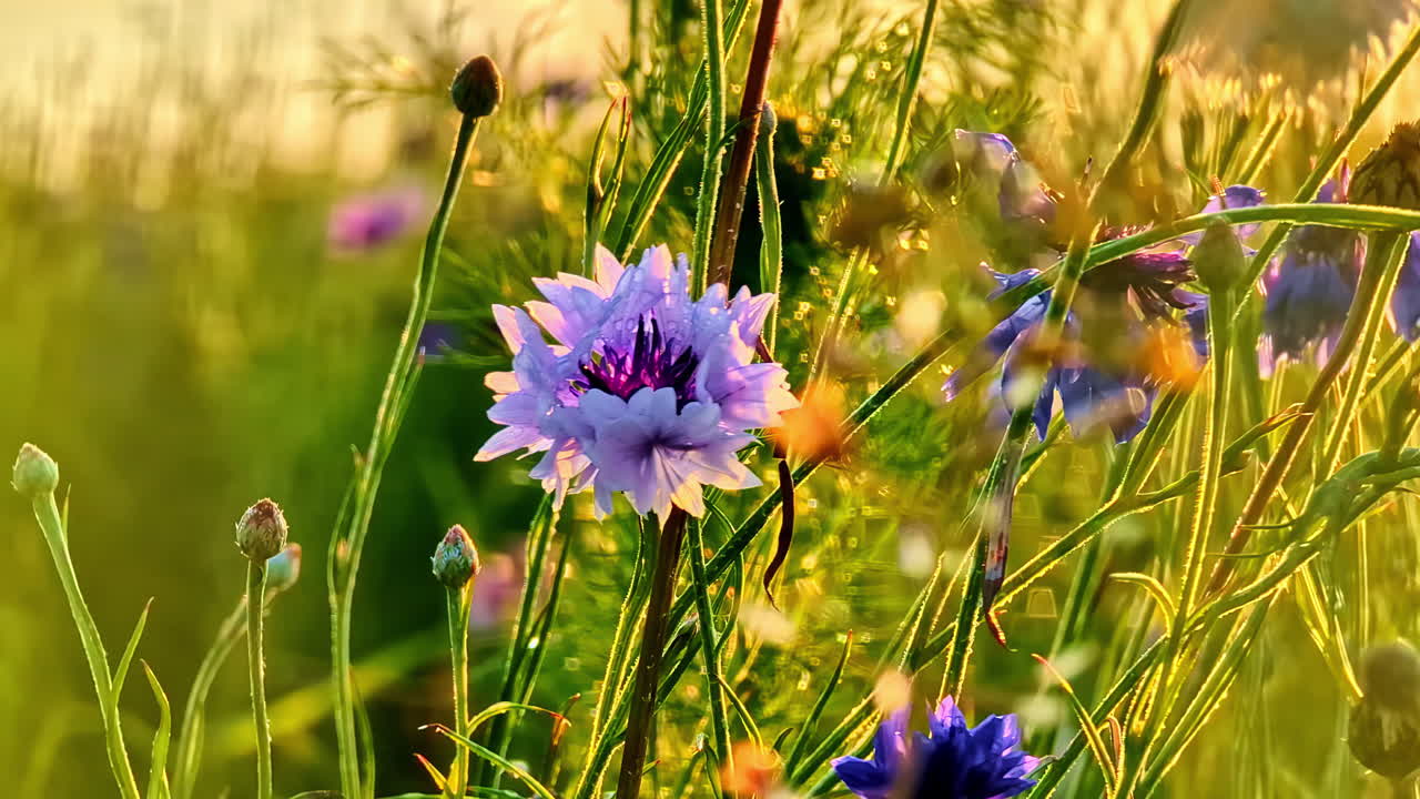 Pink and purple cornflowers blooming in sunlit field with golden warm background