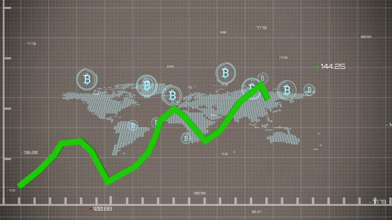 animación del procesamiento de datos financieros sobre el mapa del mundo y los símbolos de bitcoin