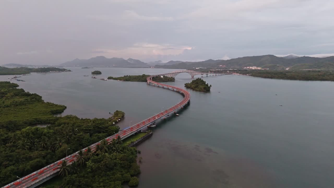 San Juanico Bridge looking towards Leyte. This major piece of infrastructure is reduced to single lane traffic one way whilst under repair.