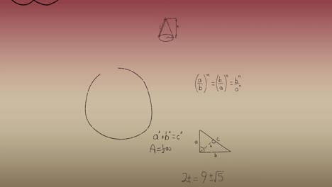 Animation-of-mathematical-equations-and-formulas-floating-against-pink-gradient-background