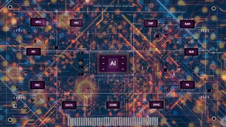 Central AI chip emitting trace, modules popping outward, pulses forming active computing network