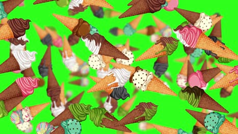 vibrant ice cream cones floating on green background