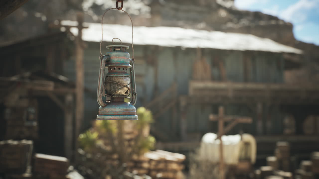 Old lantern hanging near abandoned buildings in a ghost town during daylight