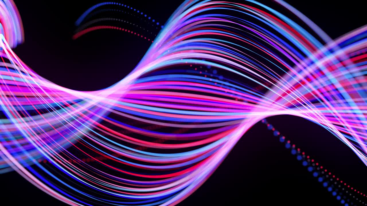 빛의 줄무는 나선형으로 형성됩니다, 4k에서 bg. 빛의 흔적과 함께 추상적인 루프 된 배경, 공간에서 빨간 파란 네온 선의 흐름은 루프 된 나선형 모양을 형성하기 위해 움직입니다. 현대적인 트렌디 모션 디자인 bg.