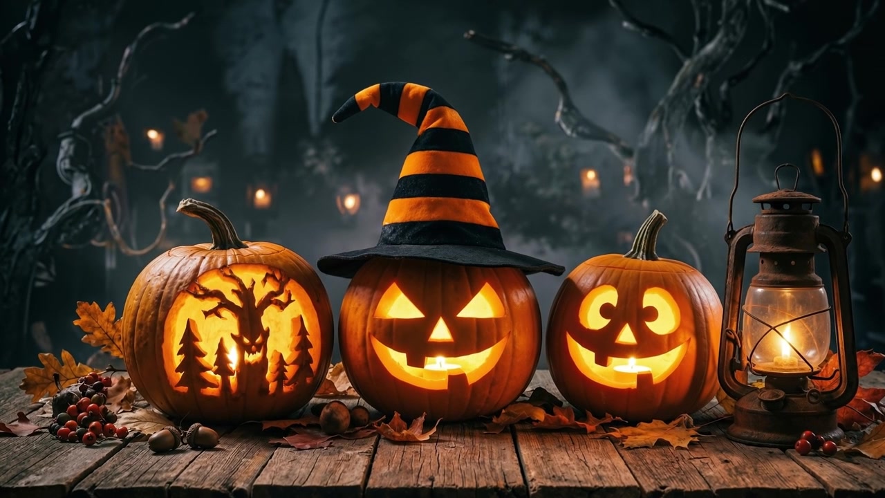 Tre zucche di Halloween intagliate e luminose con una lanterna vintage in una foresta buia e spettrale di notte