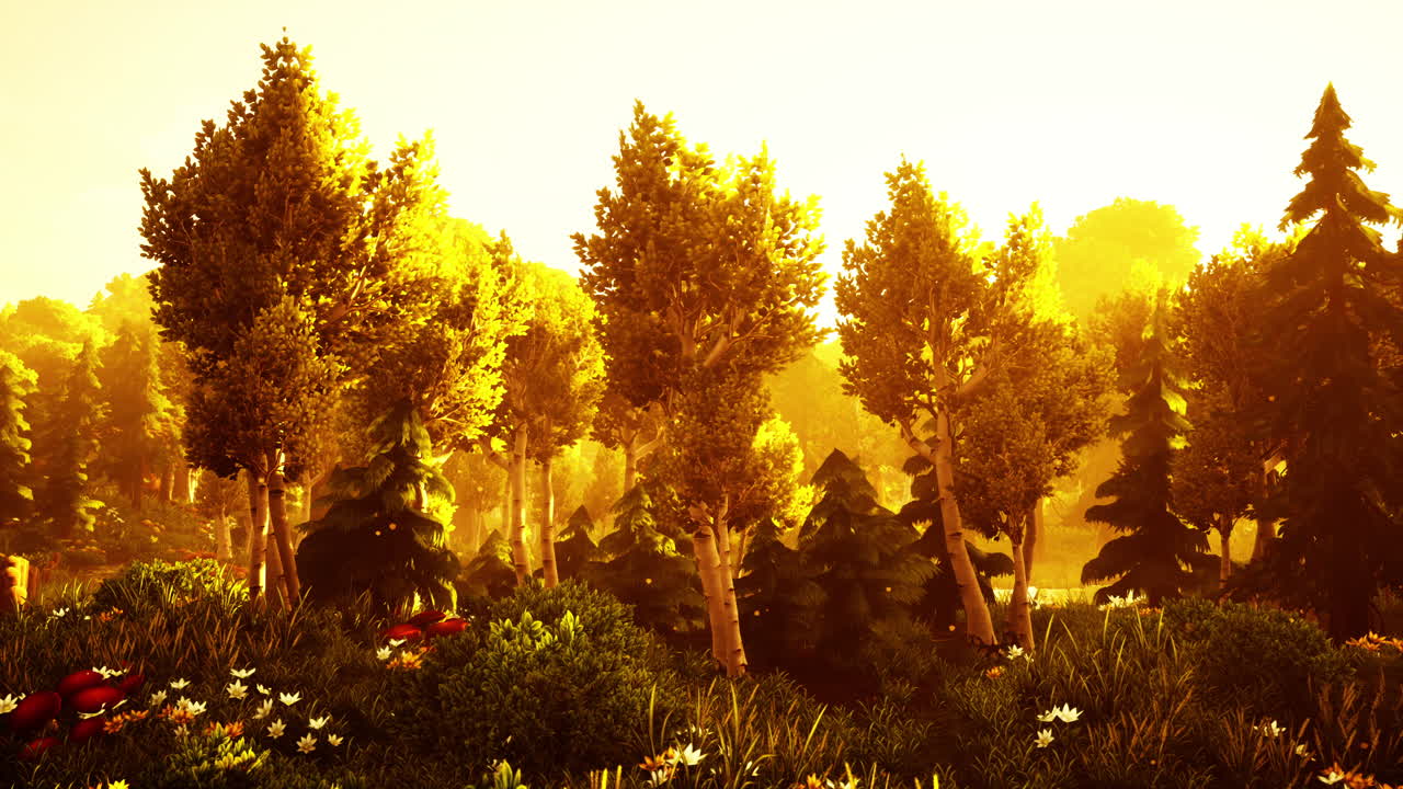 황금색  ⁇ 빛으로 백라이트 된 만화 숲 나무