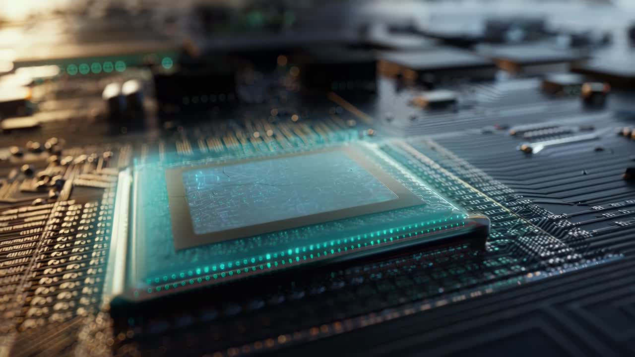 Primo piano, inquadratura dal basso di un microchip su una scheda madre, perfetto per concept video tecnologici