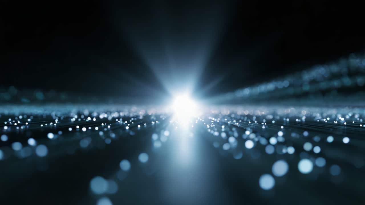 Un'ipnotica rappresentazione di particelle di luce e fasci luminosi che creano uno straordinario effetto visivo, catturando l'essenza del movimento e della profondità in un paesaggio astratto e oscuro