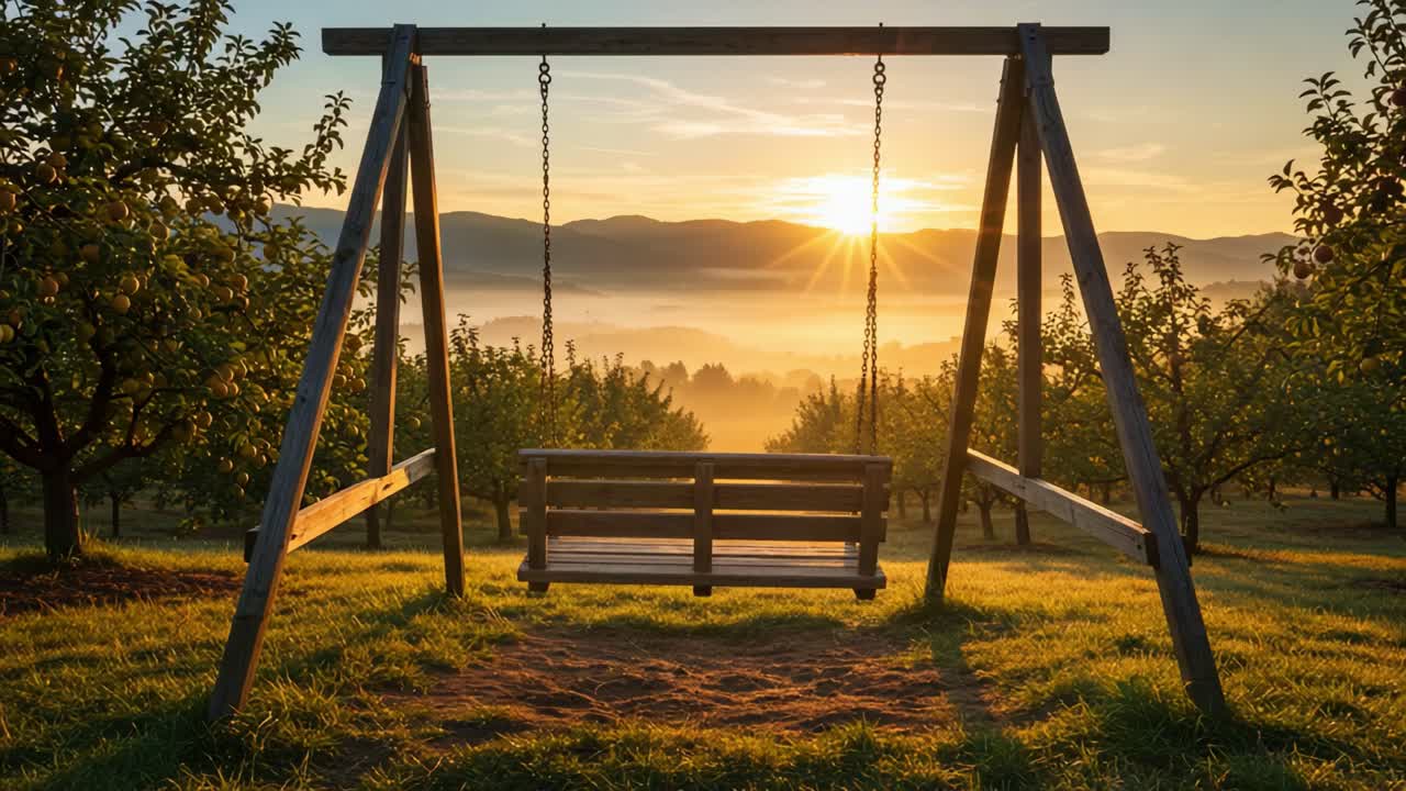 A Tranquil Morning on the Swing: Embracing Serenity Amidst Nature's Beauty as the Sun Rises Over Misty Orchards and Rolling Hills