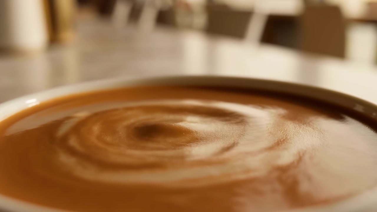 Scena in movimento ravvicinata con tazza di caffè in primo piano che cattura le conseguenze visibili dell'impatto di una singola goccia: cratere centrale poco profondo circondato da un vortice concentrico