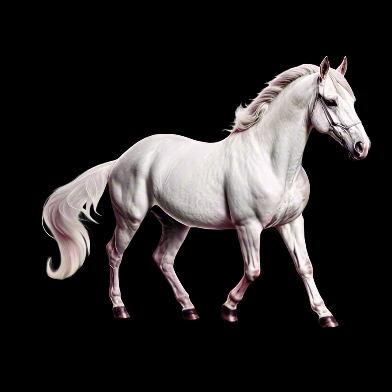 Elegant white horse illustration animation isolated asset, transparent 4K video, alpha channel