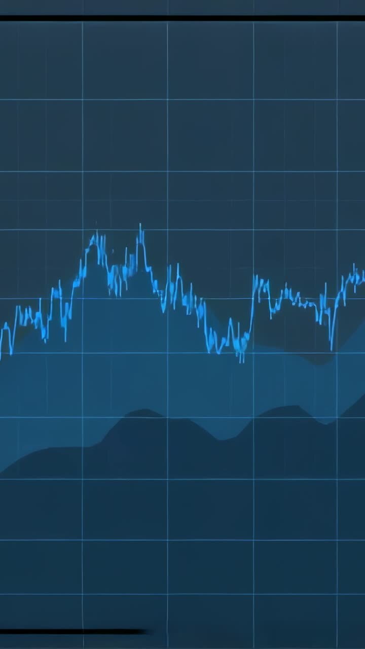 Vertikální video: Sparkline graf aktualizovaný na monitoru s příchodem nových dat, modrá čára stoupá výše