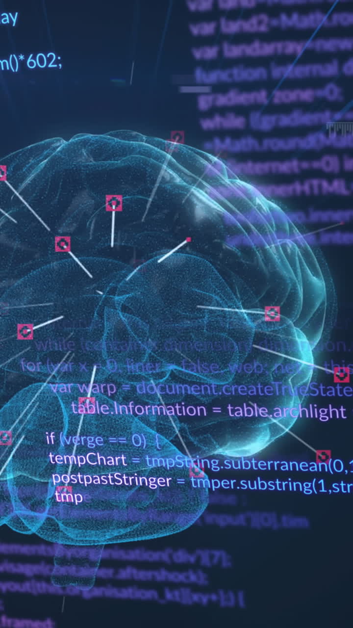 블랙 배경에 디지털 뇌와 데이터 처리의 애니메이션