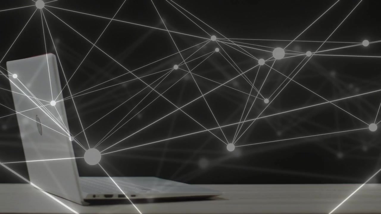 Glowing nodes appearing, laptop anchoring while network mesh forming to show data flow
